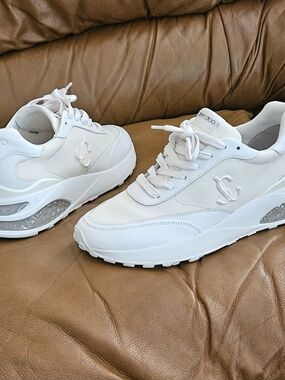 Men's Jimmy Choo White Logo Luxury Leather & Fabric Sneakers Size 8 US